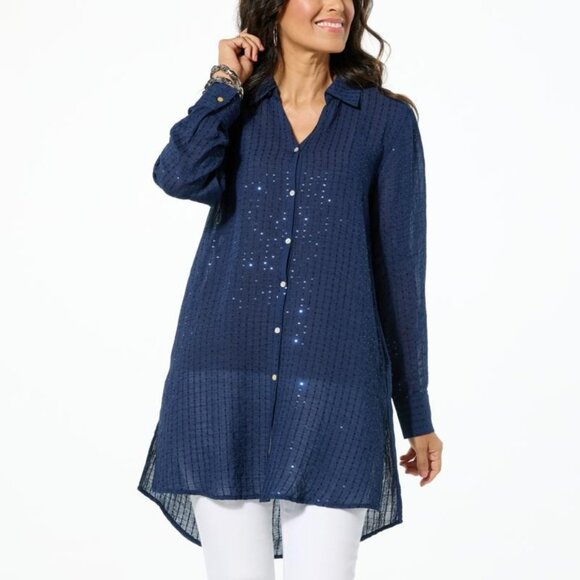 Colleen Lopez Button Front Sequin Tunic Top Size 1X Navy Blue Embellished Shiny - Picture 1 of 8